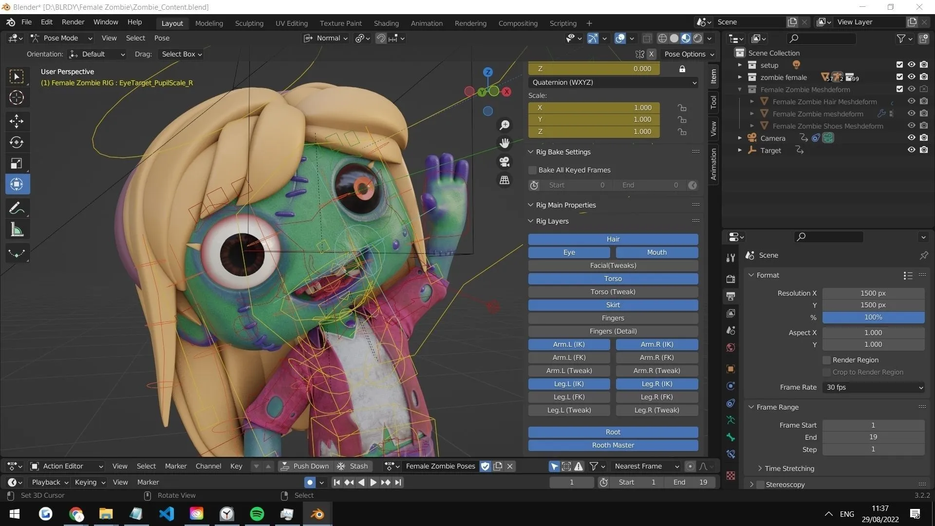 Cartoon Female Zombie - Rigged 3D Character in Blender with advanced face and body rig